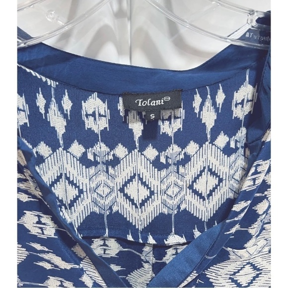 Tolani Sz S 100% Silk Blue High Low Maxi Dress Aztec Tribal Print Drawstring - Picture 7 of 9